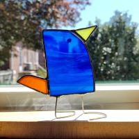 Stained Glass Standing Bird, Funky Blue and Orange Glass Bird Suncatcher, Bird Lover Gift