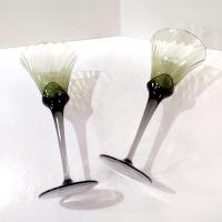 Vintage Mikasa Blossom Sage Green Wine Water Glasses, Set of Two, Green Blown Glass Tall Goblets