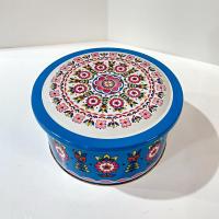 Vintage Blue and Pink Mosaic Mandala Flowers Round Metal Tin Storage Container, Brazilian Floral Gift Tin