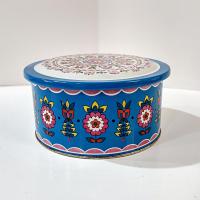 Vintage Blue and Pink Mosaic Mandala Flowers Round Metal Tin Storage Container, Brazilian Floral Gift Tin