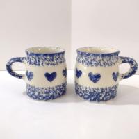 Vintage Blue Spongeware Coffee Tea Mugs, Set of Two, Workshops of Gerald E Henn Pottery, Roseville Spongeware Pottery