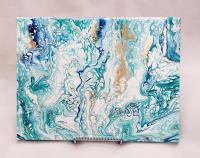 Blue and Gold Abstract Original Acrylic Pour Painting, 9" x 12", Fluid Art Painting