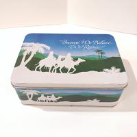 Vintage 1987 Because We Believe We Rejoice Religious Holiday Christmas Tin Container Storage Box, Christmas Gift Cookie Tin