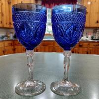 Vintage Cristal D'Arques Antique Sapphire Blue Wine Glasses Water Goblets, Set of Two