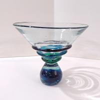 Vintage Mexican Hand Blown Martini Cocktail Glass with Blue and Green Glass Ribbons and Ball Base