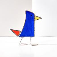 Stained Glass Standing Bird, Funky Glass Bird, Blue and Orange Bird Suncatcher, Windowsill Free Standing Bird