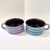 Vintage Aqua Blue and Purple Striped Large Ceramic Soup Mugs, Set of 2, French Onion Soup Crocks