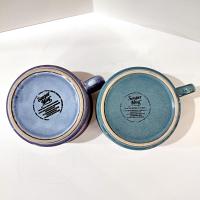 Vintage Aqua Blue and Purple Striped Large Ceramic Soup Mugs, Set of 2, French Onion Soup Crocks