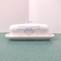 Vintage Blue Bows and Ribbons Country Farmhouse Ceramic Butter Dish