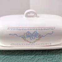 Vintage Blue Bows and Ribbons Country Farmhouse Ceramic Butter Dish