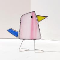 Stained Glass Standing Bird, Funky Pink and Blue Glass Bird Suncatcher, Bird Lover Gift, Windowsill Sitter