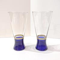 Vintage Blue and Gold Banded Pilsner Beer Glasses, Set of Two
