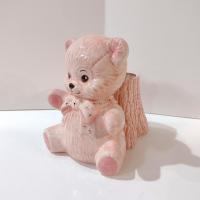 Vintage Pink Teddy Bear and Tree Trunk Ceramic Planter, Child's Room Decor Caddy / Holder