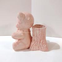 Vintage Pink Teddy Bear and Tree Trunk Ceramic Planter, Child's Room Decor Caddy / Holder