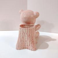 Vintage Pink Teddy Bear and Tree Trunk Ceramic Planter, Child's Room Decor Caddy / Holder
