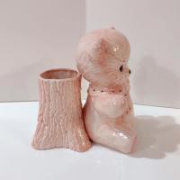 Vintage Pink Teddy Bear and Tree Trunk Ceramic Planter, Child's Room Decor Caddy / Holder