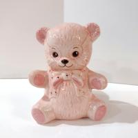 Vintage Pink Teddy Bear and Tree Trunk Ceramic Planter, Child's Room Decor Caddy / Holder