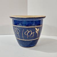 Vintage Blue Ceramic Planter Pot with Carved Tan Floral Design, Small Indoor Outdoor Round Taper Planter