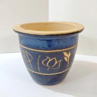 Vintage Blue Ceramic Planter Pot with Carved Tan Floral Design, Small Indoor Outdoor Round Taper Planter