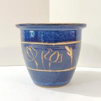 Vintage Blue Ceramic Planter Pot with Carved Tan Floral Design, Small Indoor Outdoor Round Taper Planter