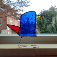 Stained Glass Standing Bird, Funky Glass Bird, Blue and Red Bird Suncatcher, Windowsill Free Standing Bird