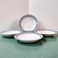 Vintage Adams Brentwood 8" Rimmed Soup Bowls, Set of Four, Real English Ironstone China Blue Clover Pattern, Decorative Plant Trays