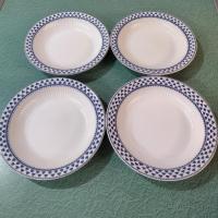 Vintage Adams Brentwood 8" Rimmed Soup Bowls, Set of Four, Real English Ironstone China Blue Clover Pattern, Decorative Plant Trays