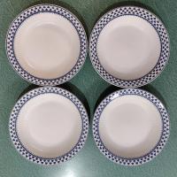 Vintage Adams Brentwood 8" Rimmed Soup Bowls, Set of Four, Real English Ironstone China Blue Clover Pattern, Decorative Plant Trays