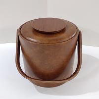 Vintage Georges Briard Faux Leather Vinyl Insulated Ice Bucket with Wooden Handle, 1970's Retro Barware