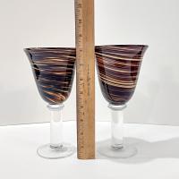 Vintage Hand Blown Brown Swirl Art Glass Goblets, Set of Two, Large Swirled Wine Glasses