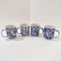 Vintage Blue and White Spongeware Coffee Tea Ceramic Mugs, Set of Four