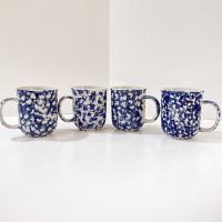 Vintage Blue and White Spongeware Coffee Tea Ceramic Mugs, Set of Four