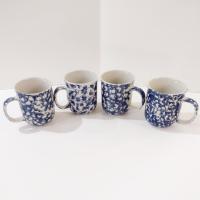 Vintage Blue and White Spongeware Coffee Tea Ceramic Mugs, Set of Four