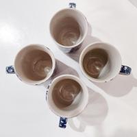 Vintage Blue and White Spongeware Coffee Tea Ceramic Mugs, Set of Four