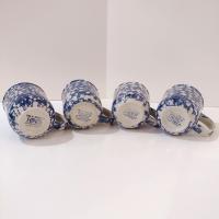 Vintage Blue and White Spongeware Coffee Tea Ceramic Mugs, Set of Four