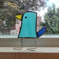 Stained Glass Standing Bird, Funky Turquoise Aqua Blue Glass Bird Suncatcher, Bird Lover Gift, Windowsill Sitter