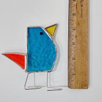 Stained Glass Standing Bird, Funky Turquoise Blue and Orange Glass Bird Suncatcher, Bird Lover Gift, Windowsill Sitter