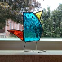 Stained Glass Standing Bird, Funky Turquoise Blue and Orange Glass Bird Suncatcher, Bird Lover Gift, Windowsill Sitter