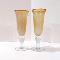 Vintage Artland Amber Iris Bubble Glass Champagne Flutes, Set of Two, Blown Glass Cocktail Goblets
