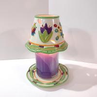 Vintage Yankee Candle Ceramic Shade Jar Topper and Under Plate, Floral Dragonfly Lady Bug Design