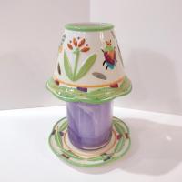 Vintage Yankee Candle Ceramic Shade Jar Topper and Under Plate, Floral Dragonfly Lady Bug Design