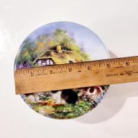 Vintage Bunny Rabbit Flower Garden Country House Scene Round Metal Tin, Easter Spring Storage Gift Container