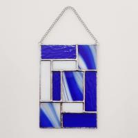 Blue and White Geometric Stained Glass Window Panel, Mondrian Suncatcher, Custom Colors Available