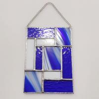 Blue and White Geometric Stained Glass Window Panel, Mondrian Suncatcher, Custom Colors Available