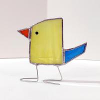 Stained Glass Standing Bird, Funky Yellow and Blue Glass Bird Suncatcher, Bird Lover Gift, Windowsill Sitter