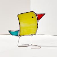 Stained Glass Standing Bird, Funky Yellow and Blue Glass Bird Suncatcher, Bird Lover Gift, Windowsill Sitter