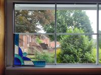 Stained Glass Corner Piece, Blue and Clear Cathedral Glass