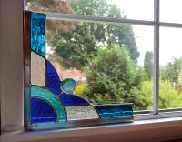 Stained Glass Corner Piece, Blue and Clear Cathedral Glass