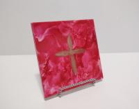 Alcohol Ink Ceramic Tile Trivet, 6" x 6", Red with Gold Metallic Cross