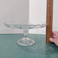 Antique 9 Inch Pressed Glass Pedestal Cake Stand with Lip, Bryce Higbee Arched Fleur De Lis, Pastry Dessert Display Plate, EAPG Cake Plate